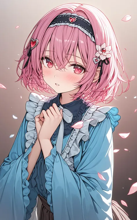 (masterpiece), (best quality), illustration, ultra detailed, hdr, Depth of field, (colorful), 1girl, solo, looking at viewer, blush, short hair, bangs, skirt, shirt, hair ornament, red eyes, long sleeves, hair between eyes, upper body, pink hair, flower, heart, hairband, frills, parted lips, wide sleeves, pink eyes, gradient, petals, gradient background, leaf, black hairband, blue shirt, white flower, frilled sleeves, third eye, pink flower, frilled shirt collar, heart hair ornament, komeiji satori,