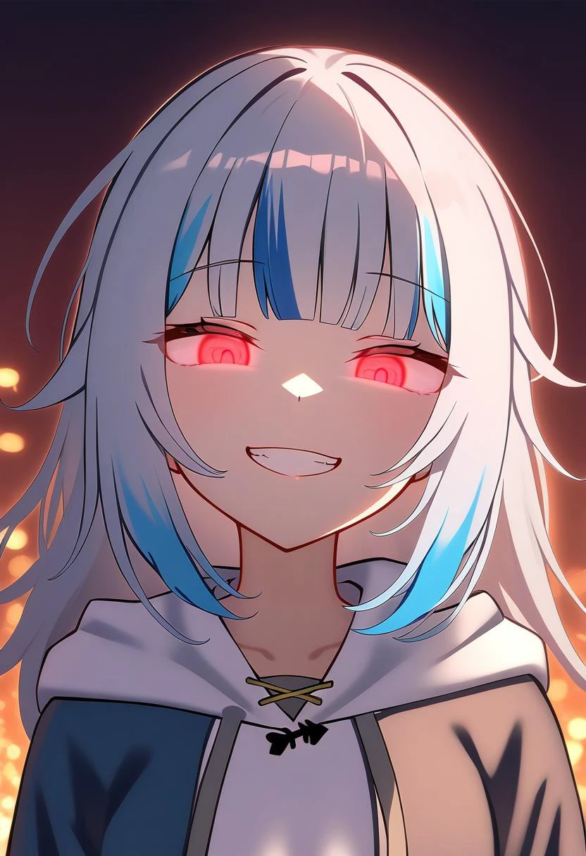 1girl, akira_shiun, gawr gura, hololive, smirk, glowing eyes, low illumination, medium quality, late