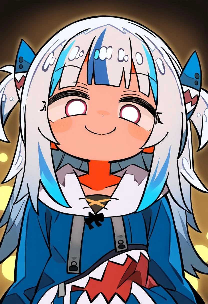 1girl, kanikama, gawr gura, hololive, smirk, glowing eyes, low illumination, medium quality, late