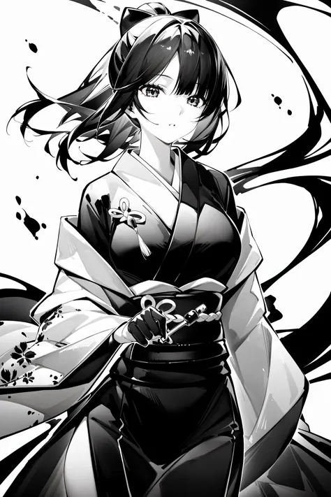 Ink painting, monochrome, girl in a brightly colored kimono, background of ink splashes,
<lora:As_xl_v1:0.7>