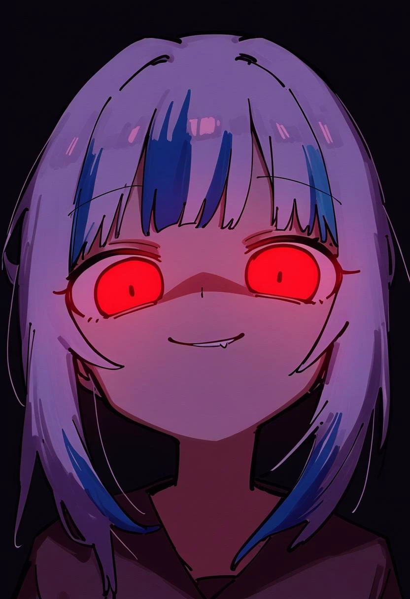 1girl, kujou_karasuma, gawr gura, hololive, smirk, glowing eyes, low illumination, medium quality, late