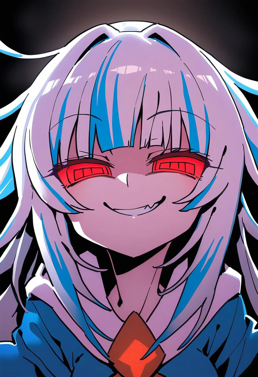 1girl, tukiwani, gawr gura, hololive, smirk, glowing eyes, low illumination, medium quality, late