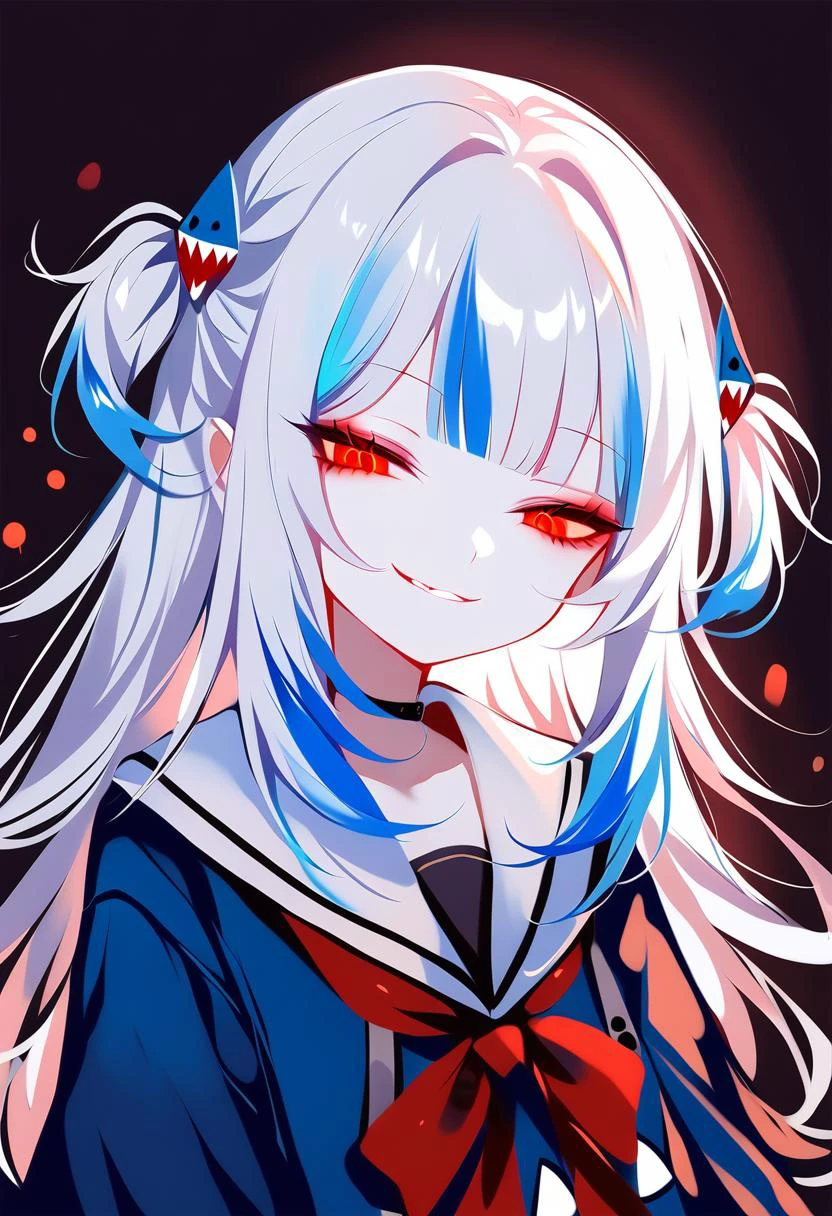 1girl, sheya, gawr gura, hololive, smirk, glowing eyes, low illumination, medium quality, late