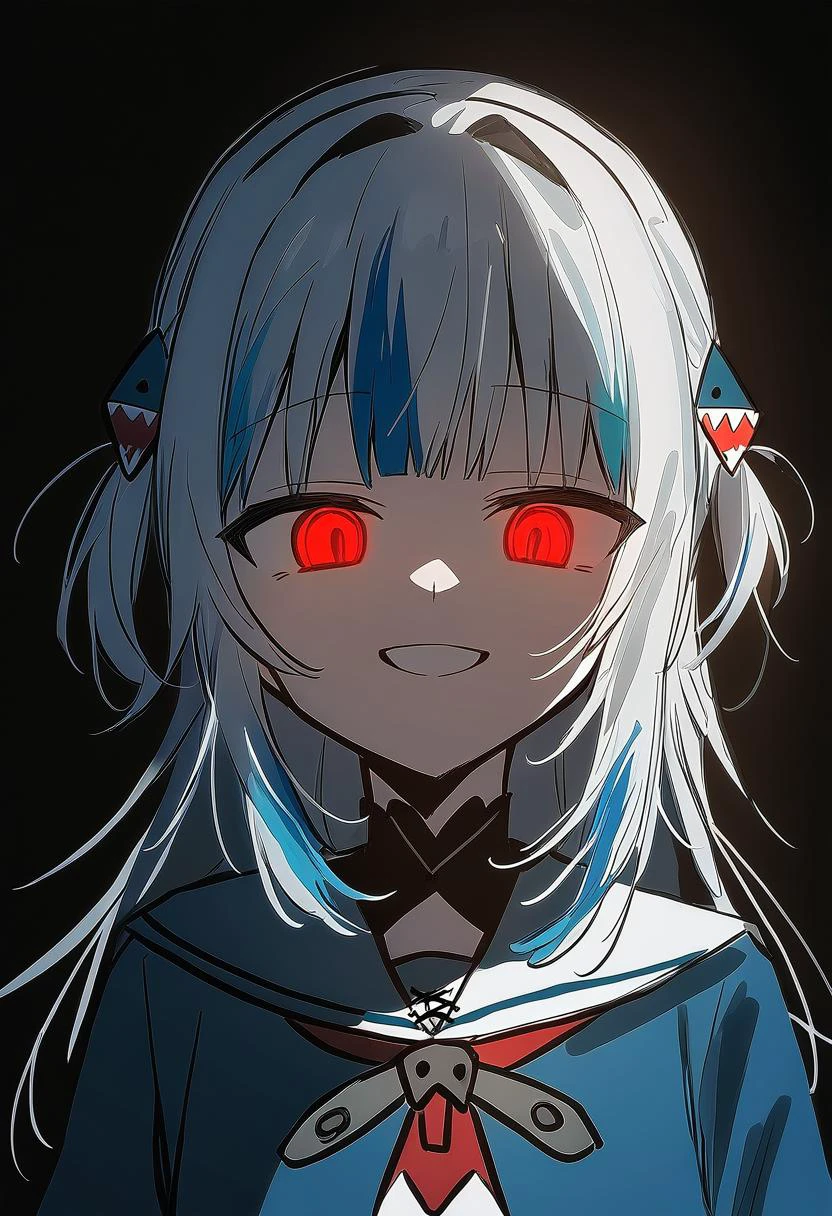 1girl, chihuri, gawr gura, hololive, smirk, glowing eyes, low illumination, medium quality, late