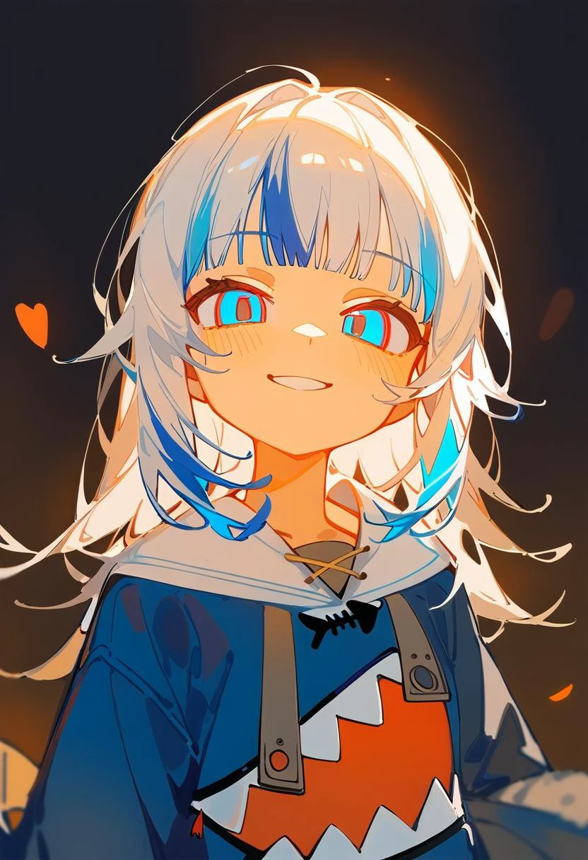 1girl, ciloranko, gawr gura, hololive, smirk, glowing eyes, low illumination, medium quality, late