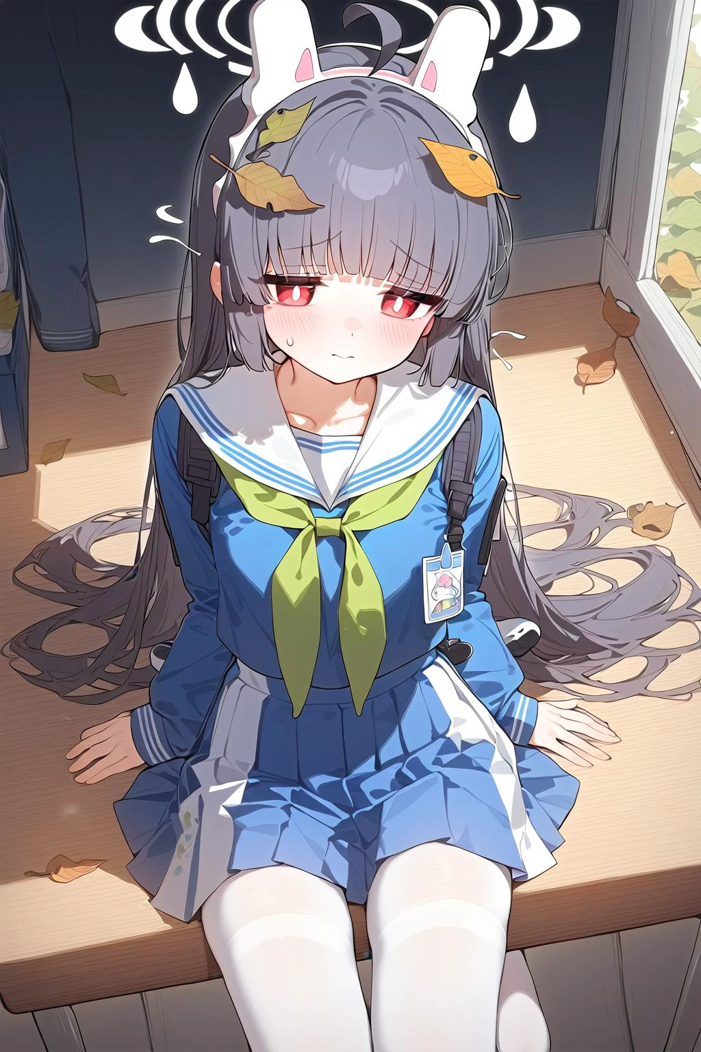 masterpiece, best quality, miyu \, (blue archive\), 1girl, halo, leaf on head, ahoge, animal ears, black hair, long hair, red eyes, green neckerchief, blue school uniform, sailor collar, long sleeves, pleated skirt, white pantyhose, miyu \, (blue archive\)