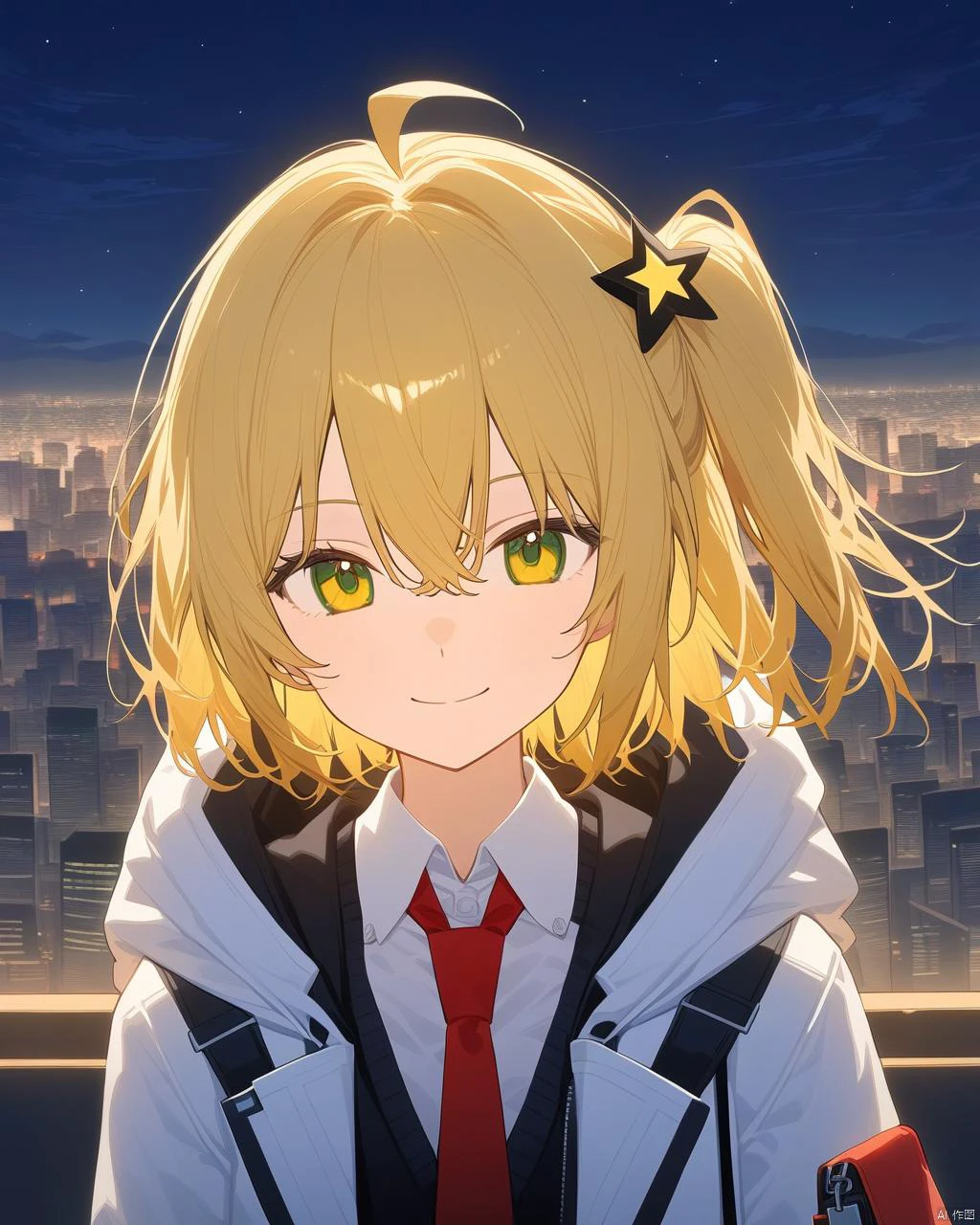 nai3, 1girl, solo, hair ornament, ahoge, looking at viewer, green eyes, necktie, hood, smile, shirt, jacket, outdoors, upper body, red necktie, bangs, one side up, hood down, night, collared shirt, short hair, closed mouth, open clothes, white shirt, white jacket, sky, hooded jacket, vest, city lights, bag, hair between eyes, open jacket, blonde hair, yellow eyes, star (symbol), hooded coat, city, medium hair