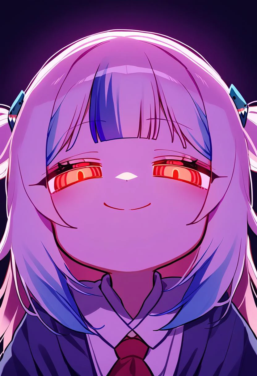 1girl, 0725akaba, gawr gura, hololive, smirk, glowing eyes, low illumination, medium quality, late