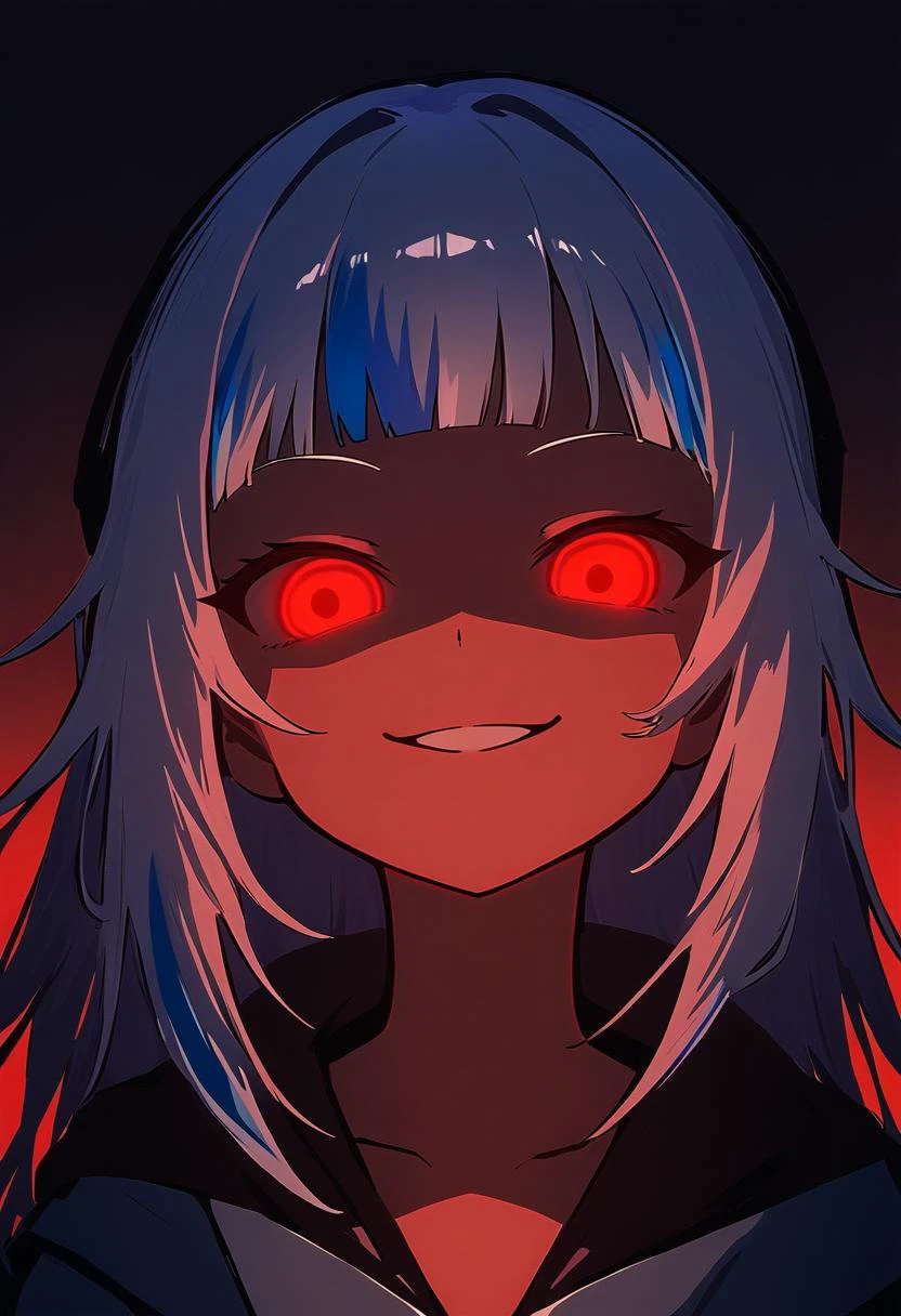 1girl, amagi_(amagi626), gawr gura, hololive, smirk, glowing eyes, low illumination, medium quality, late