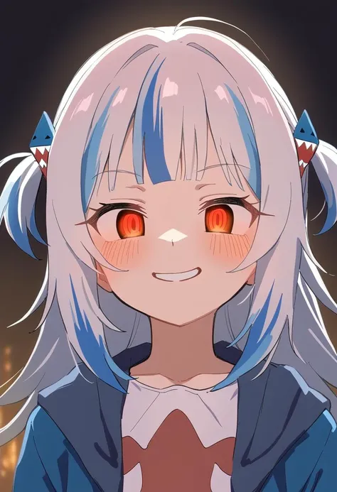 1girl, sincos, gawr gura, hololive, smirk, glowing eyes, low illumination, medium quality, late