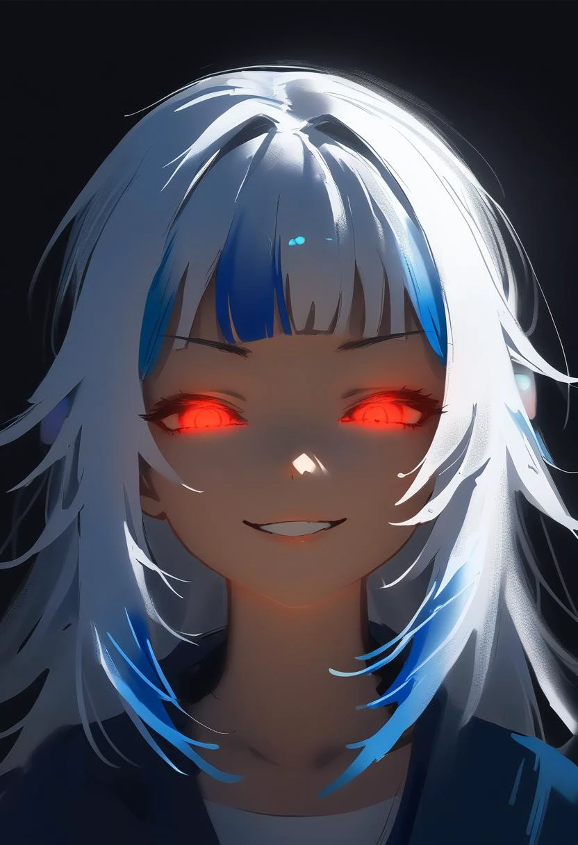 1girl, wlop, gawr gura, hololive, smirk, glowing eyes, low illumination, medium quality, late