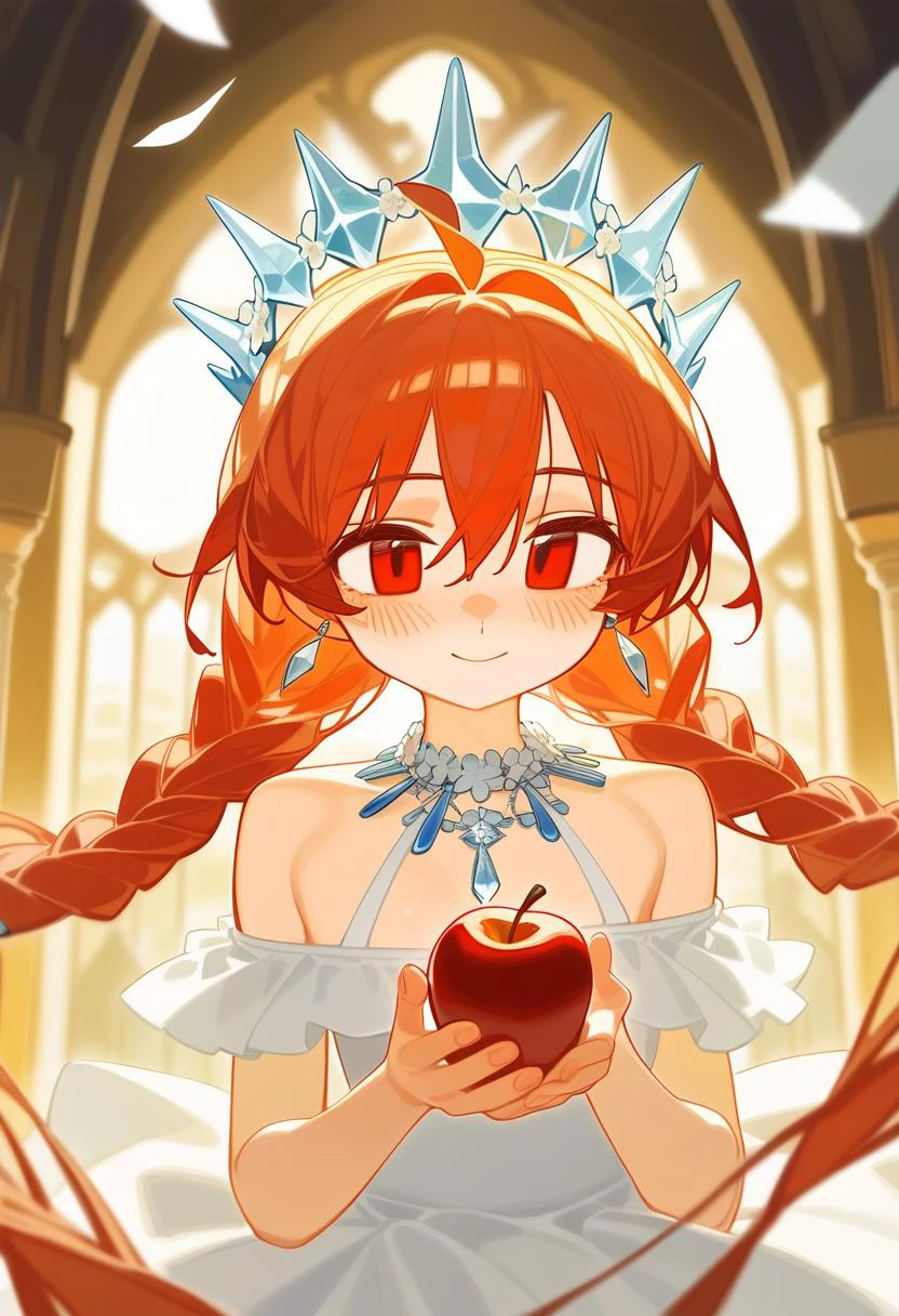 artist:ciloranko, [[[artist:hiten]]], [[[tianliang duohe fangdongye]]], {year apple}, 1girl, solo, white background, apple, ahoge, holding, the stained-glass windows of the church background, smile, red eyes, upper body, red hair, very long hair, vertical pupil, twintails, white dress, holding apple, crystal crown, crystal wreaths ,crystal diamond necklace, diamond ring, braids, closed mouth, blush, bare shoulders, diamond earrings, hair bow, particles+ light, flying papers, focus blur, apple view, diamond pendant, gorgeous light, bangs, white bow on braids, hair between eyes, looking at viewer, best quality, amazing quality, very aesthetic, absurdres