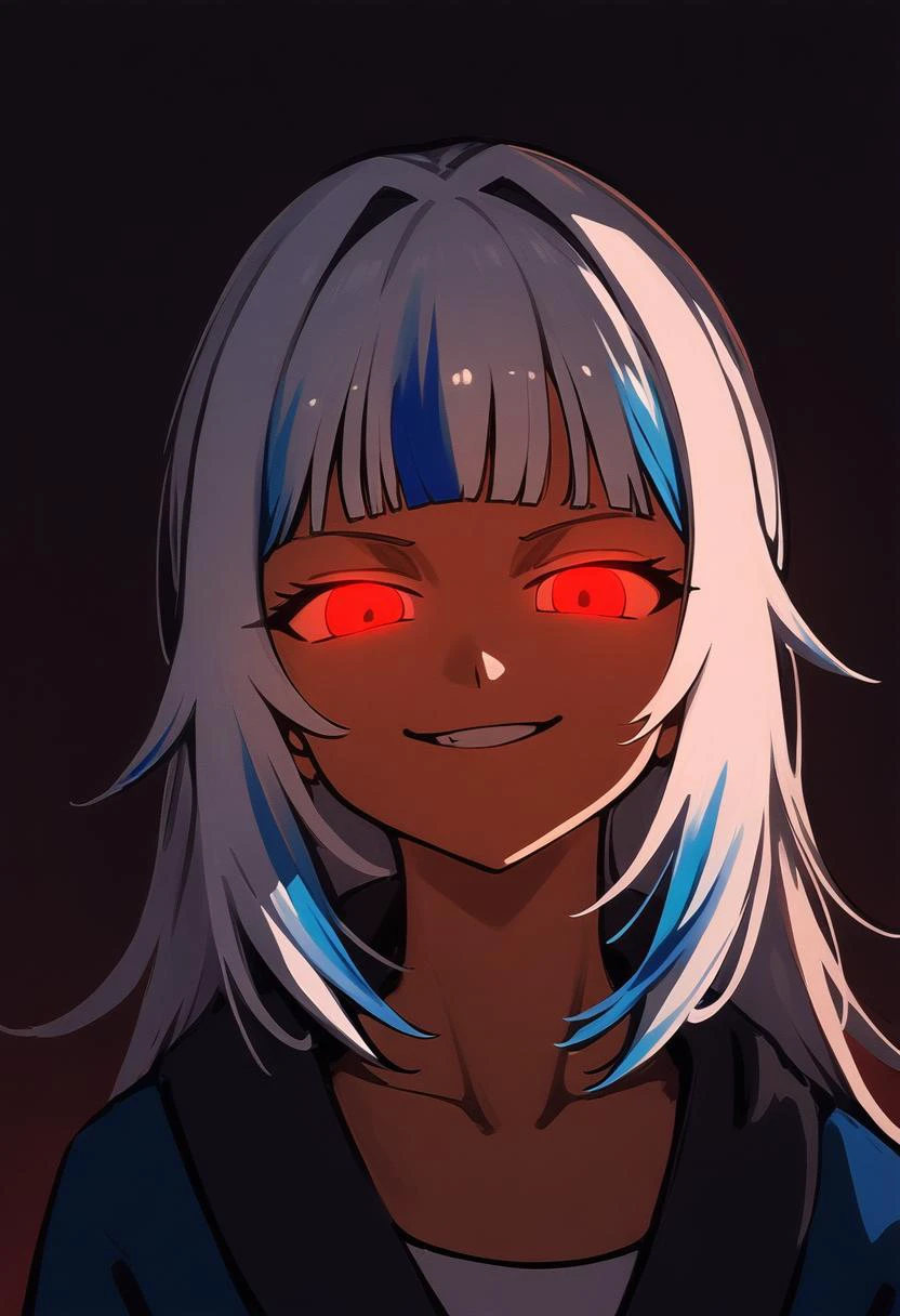 1girl, andrewcockroach, gawr gura, hololive, smirk, glowing eyes, low illumination, medium quality, late