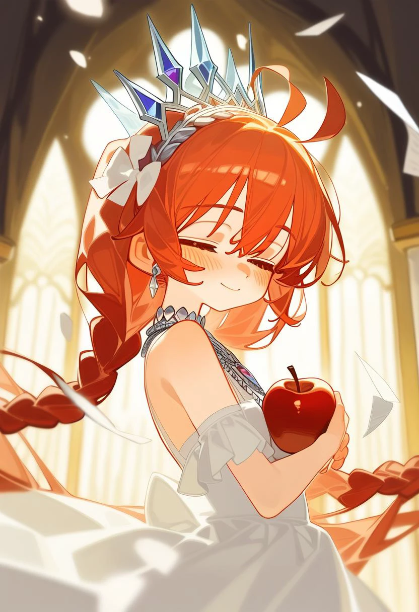 artist:ciloranko, [[[artist:hiten]]], [[[tianliang duohe fangdongye]]], {year apple}, 1girl, solo, white background, apple, ahoge, holding, the stained-glass windows of the church background, smile, closed eyes, upper body, red hair, very long hair, vertical pupil, twintails, white dress, holding apple, crystal crown, crystal wreaths ,crystal diamond necklace, diamond ring, braids, closed mouth, blush, bare shoulders, diamond earrings, hair bow, at side particles+ light, flying papers, motion blur, apple side view, diamond pendant, gorgeous light, bangs, white bow on braids, hair between eyes, looking at viewer, best quality, amazing quality, very aesthetic, absurdres