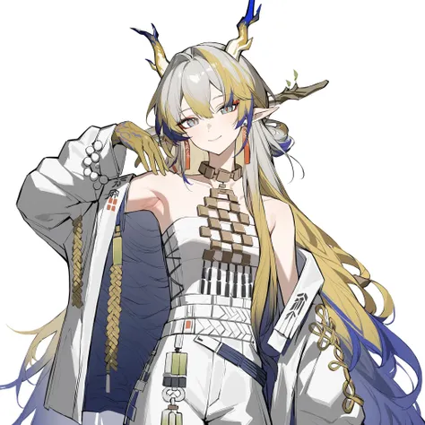 shu \(arknights\), 1girl, masterpiece,god light,solo, long hair, white background,upper body,multicolored hair, simple background, black footwear, looking at viewer, white coat, coat, bare shoulders, gloves, horns, antlers, smile, closed mouth, bangs, dragon girl, dragon horns, red pupils, earrings, pendant, white dress, split skirt, white coat,collarbone,one arm up,armpits,head tilt,
standing,
<lora:shu XL HOA3-000018:0.95>