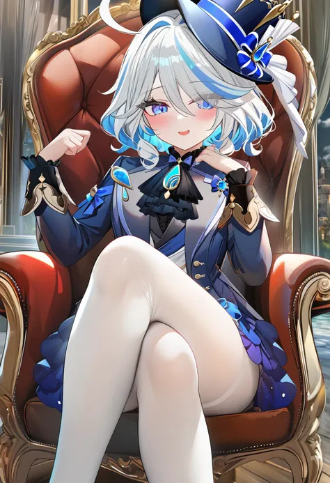 [[chen bin]],[omone hokoma agm],torino aqua,masterpiece,best quality,1girl,solo,furina \(genshin impact\),hat,sitting,smile,crossed_legs,short_hair,open_mouth,looking_at_viewer,bangs,blush,jewelry,chair,pantyhose,frills,white_pantyhose,eyes_visible_through_hair,ribbon,red_ribbon,hand_up