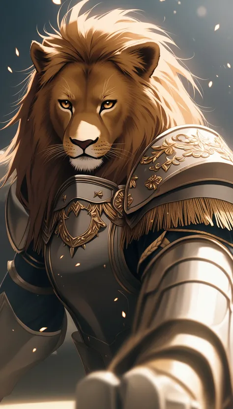 a lion in armor poses for a picture, cinematic close shot