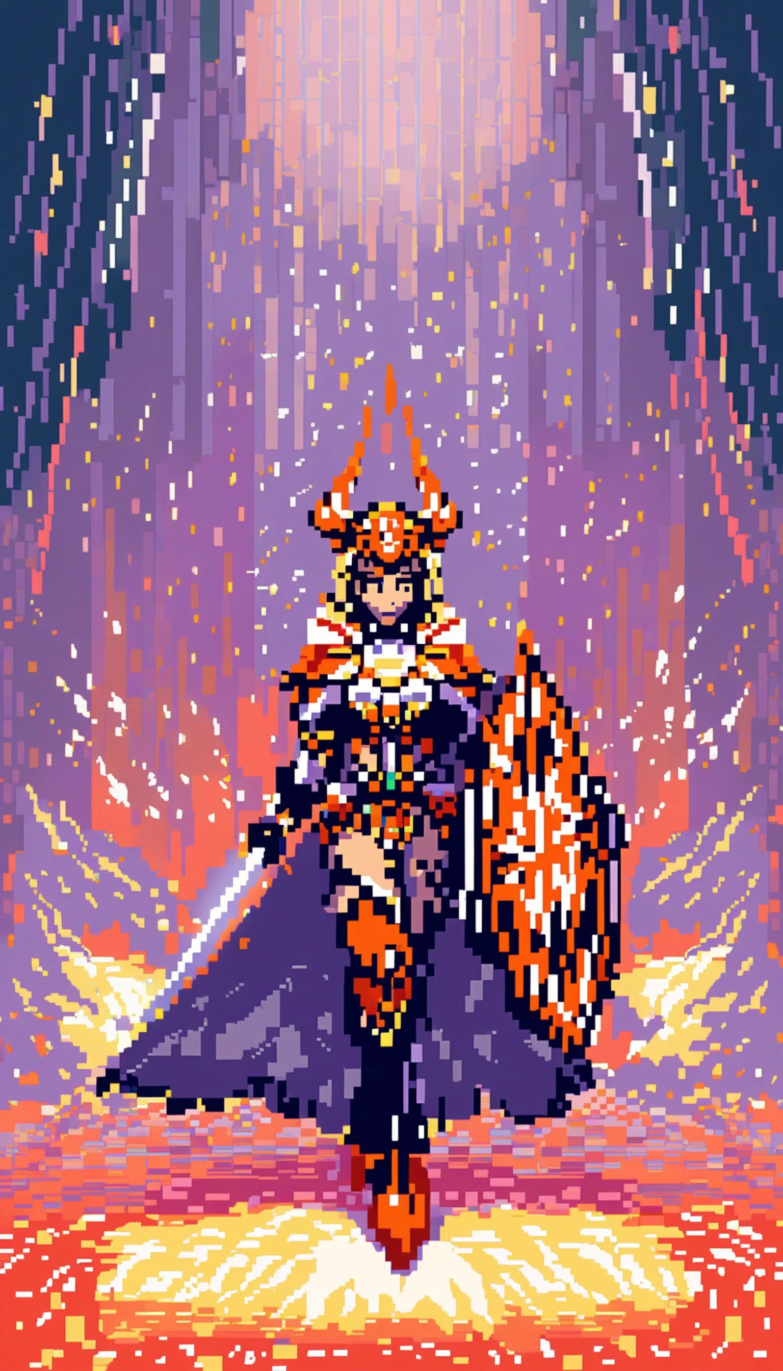 Pixel art of a fierce female warrior with a sword and shield in a fantasy setting, featuring vibrant colors, dynamic lighting, and a dramatic, epic mood
