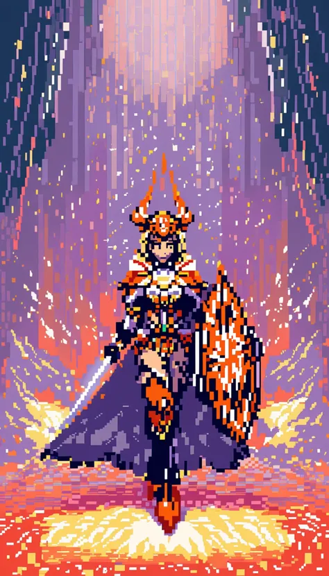 Pixel art of a fierce female warrior with a sword and shield in a fantasy setting, featuring vibrant colors, dynamic lighting, and a dramatic, epic mood