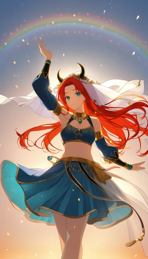 1girl, solo, back light, rainbow, aqua eyes, fake horns, red hair, long hair, crop top, jewelry, horns, veil, bracer, brooch, puffy long sleeves, skirt, bangs, low twintails, puffy sleeves, neck ring, gold trim, parted bangs, arm up, blue skirt, hair ornament, detached sleeves, floating hair, gem, hair flower, blue gemstone