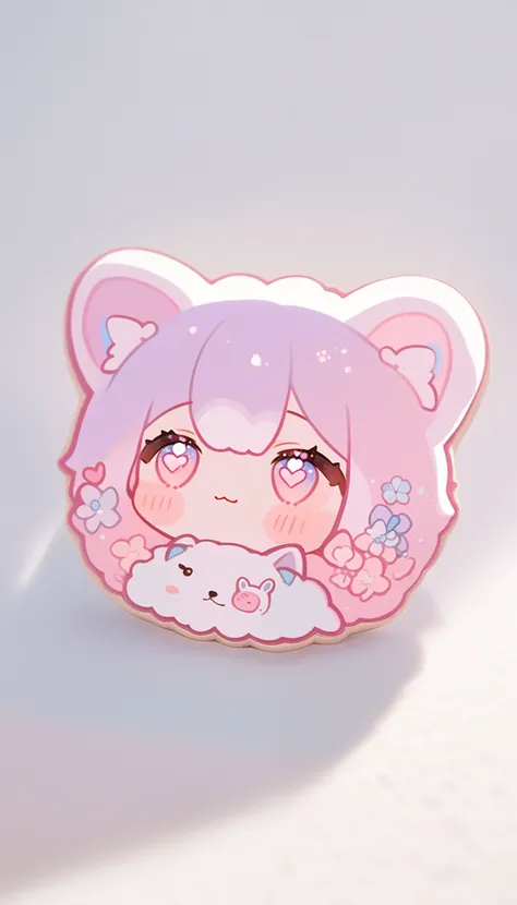 Sticker of a cute, round little animal with big, sparkling eyes and a gentle smile on its face. It has soft, pastel-colored fur. The small critter is surrounded by dainty, heart-shaped flowers in complementary pastel shades, adding to the sticker's overall charm.The white background provides the perfect canvas for this adorable creature, allowing its pastel features to pop and catch the eye. The sticker design exudes a warm and playful energy, making it an endearing addition to any item it adorns.