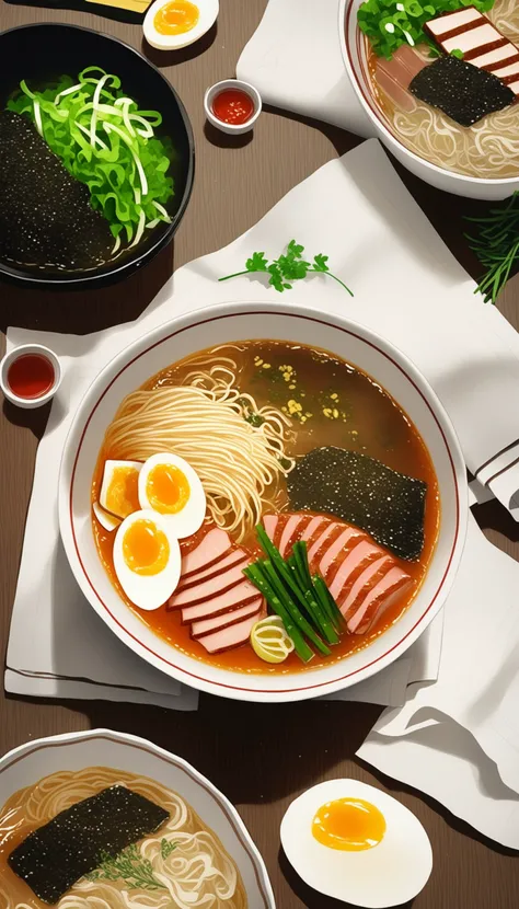 bowl of steaming hot ramen noodles, with a variety of toppings including sliced pork, boiled egg, green onions, and a sheet of nori (dried seaweed). The broth looks rich and flavorful, likely made from a combination of chicken, pork, and dashi.