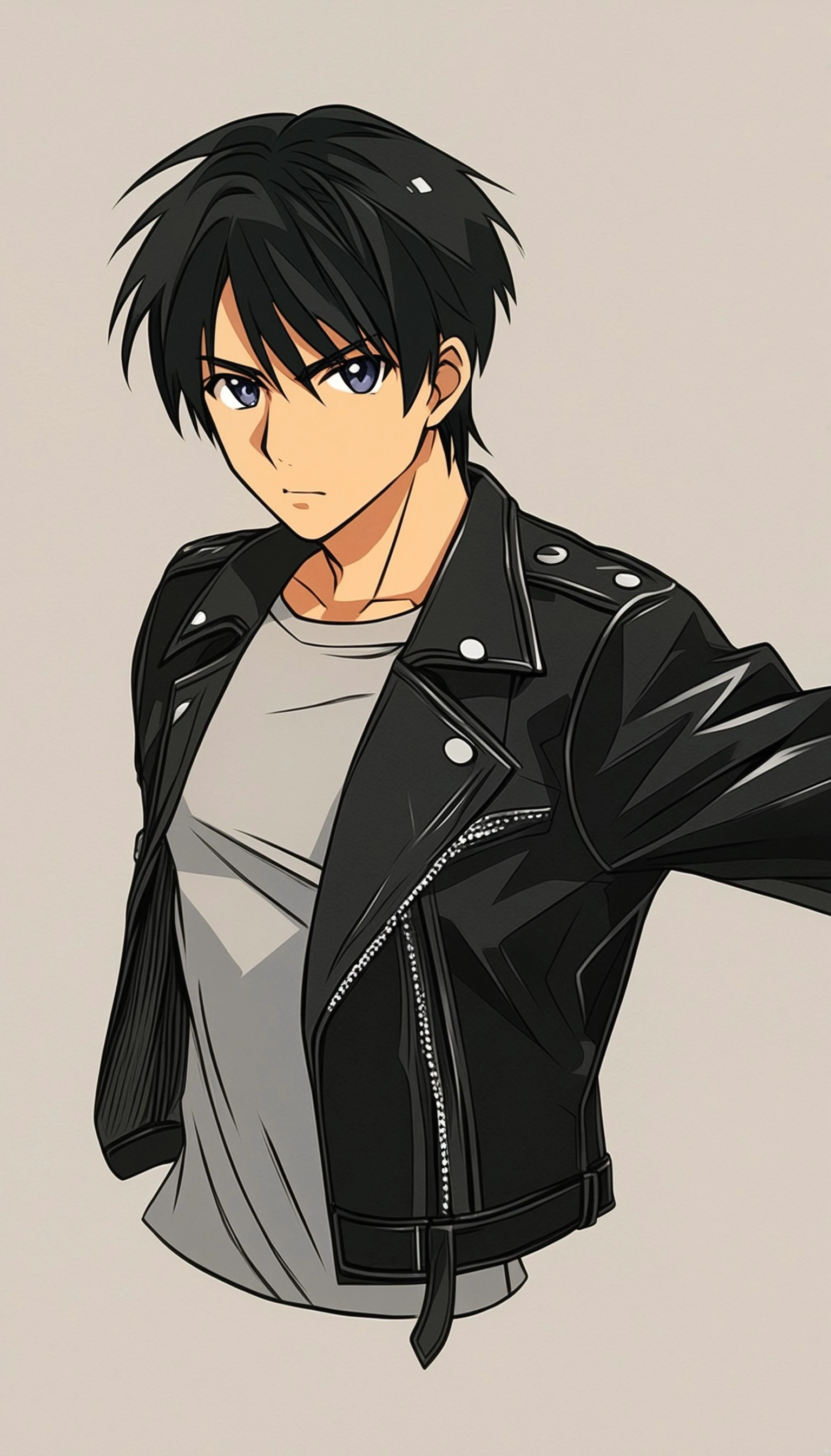 1boy, black hair, white background, short cut hair, leather jacket, tshirt, upper body, detailed shape, detailed line, art of fighting attitude, color manga style