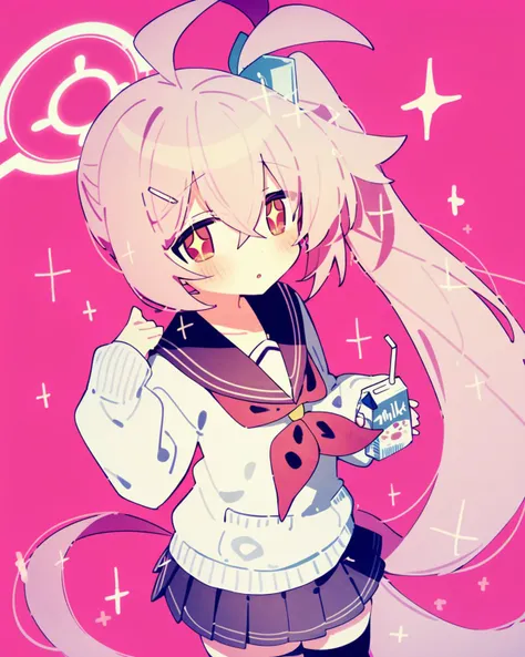 kasuga haruhi, 1girl, solo, halo, milk carton, thighhighs, pink hair, skirt, side ponytail, sparkle, black thighhighs, long hair, ahoge, blush, looking at viewer, sailor collar, pleated skirt, red eyes, long sleeves, neckerchief, school uniform, bangs, black skirt, parted lips, hair between eyes, pink background, white cardigan, serafuku, black sailor collar, juice box, weapon, puffy long sleeves, +_+, red neckerchief, puffy sleeves, drinking straw, sleeves past wrists, gun, very long hair, cardigan, sweater, holding, hair ornament
