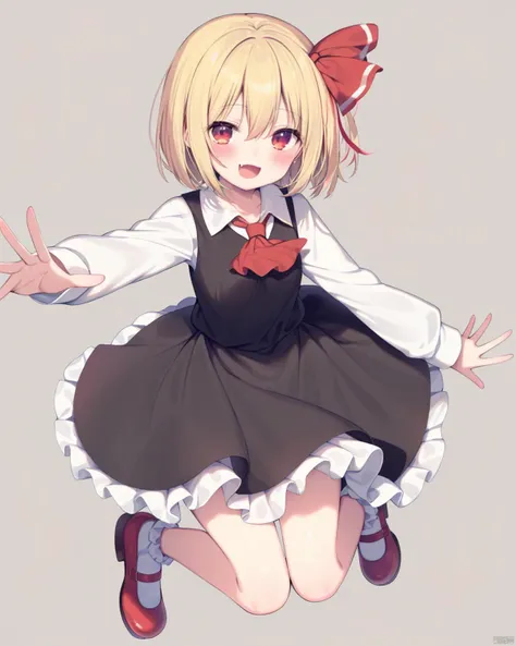 ogi pote,1girl, rumia, blonde hair, solo, white background, red footwear, simple background, ribbon, red eyes, short hair, hair ribbon, shirt, long sleeves, open mouth, ascot, white socks, looking at viewer, full body, socks, red ribbon, red ascot, white shirt, shoes, frills, bangs, skirt, smile, mary janes, vest, dress, collared shirt, outstretched arms, hair between eyes, black dress, black skirt, :d, blush, black vest, bobby socks, collarbone, fang