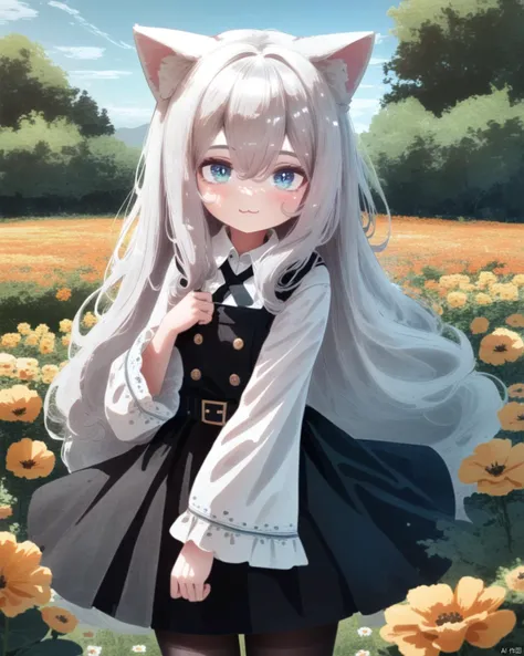 oilwillystyle, 1girl, solo, animal ears, long hair, looking at viewer, blue eyes, shirt, long sleeves, dress, flower, very long hair, outdoors, white shirt, black dress, bangs, pantyhose, belt, collared shirt, cowboy shot, yellow flower, closed mouth, cat ears, animal ear fluff, grey hair, day, hair between eyes, black pantyhose, white hair, wide sleeves, :3, pinafore dress, orange flower, buttons