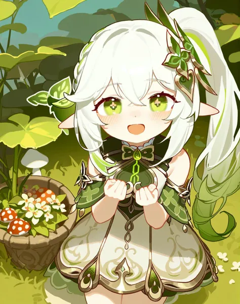 tianliang duohe fangdongye,1girl,nahida (genshin impact),solo,green eyes,pointy ears,side ponytail,symbol-shaped pupils,hair ornament,looking at viewer,white hair,bangs,smile,multicolored hair,long hair,blush,dress,gradient hair,hair between eyes,open mouth,braid,plant,mushroom,detached sleeves,green hair,white dress,:d,sidelocks,bare shoulders,outdoors,cross-shaped,