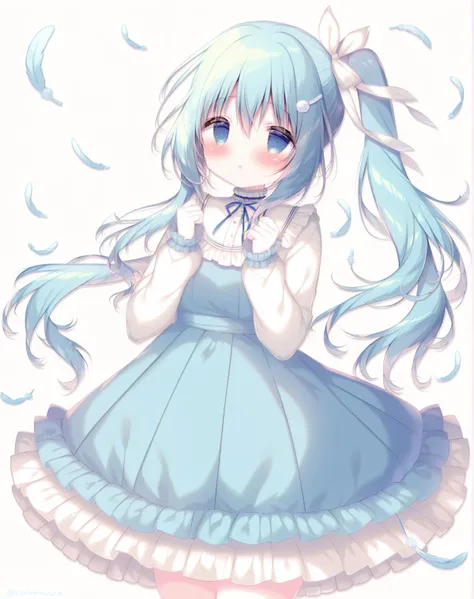 shiratama (shiratamaco),1girl,solo,dress,blush,long sleeves,blue hair,blue dress,feathers,sleeves past wrists,sleeveless dress,hair between eyes,blue eyes,bangs,ribbon,sleeveless,white background,hair ribbon,frills,looking at viewer,long hair,frilled dress,white feathers,parted lips,white shirt,hair ornament,hands up,white ribbon,blue ribbon,shirt,one side up,side ponytail,:o,twitter username,simple background,pleated dress,
