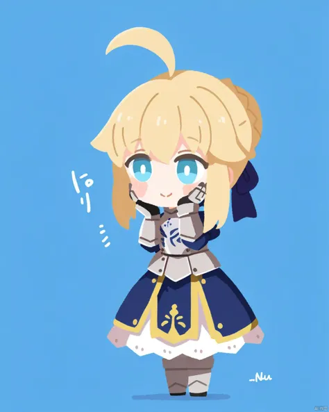 oldnuu/(nu-nyu/), 1girl, blonde hair, solo, umbrella, artoria pendragon (fate), armor, saber, holding umbrella, holding, gauntlets, chibi, armored dress, rain, ahoge, blue eyes, ribbon, blue ribbon, dress, bright pupils, bangs, white pupils, hair ribbon, standing, full body, blue umbrella, blue background, smile, hands on own face, meme, artist name, blush, parody, sidelocks, long sleeves, hair bun