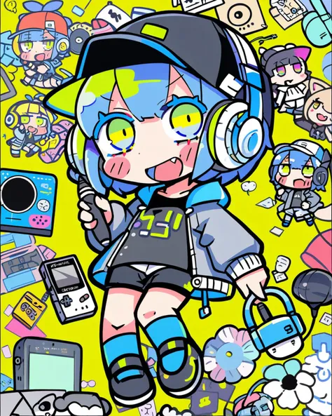 terada tera, 1girl, solo, blue hair, fang, open mouth, yellow eyes, headphones, short hair, smile, blush stickers, jacket, looking at viewer, grey jacket, stylus, shorts, full body, cd, hat, hood, pen, chibi, game boy, long sleeves, green eyes, multicolored eyes, shoes, drawing tablet, baseball cap, shirt, socks, blue socks, microphone, black shirt, blush, bangs, black footwear, hair ornament, handheld game console