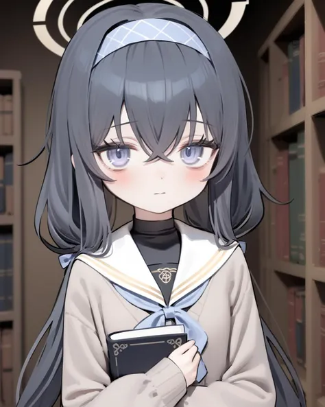 (jima:1.3),willy style,1girl,solo,book,long hair,ui (blue archive),black hair,holding book,holding,hairband,bangs,bags under eyes,blue hairband,sailor collar,blush,long sleeves,looking at viewer,cardigan,closed mouth,white sailor collar,hair between eyes,school uniform,halo,upper body,serafuku,grey cardigan,very long hair,open book,blue eyes,purple eyes,shirt,crossed bangs,ribbon,black undershirt,twintails,bookshelf,brown cardigan,white serafuku,