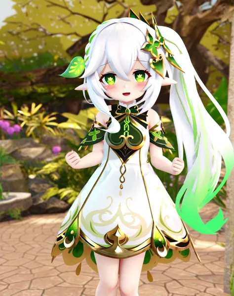 chen bin,mmd style,1girl,nahida (genshin impact),solo,green eyes,pointy ears,side ponytail,symbol-shaped pupils,hair ornament,looking at viewer,white hair,bangs,smile,multicolored hair,long hair,blush,dress,gradient hair,hair between eyes,open mouth,braid,plant,mushroom,detached sleeves,green hair,white dress,:d,sidelocks,bare shoulders,outdoors,cross-shaped