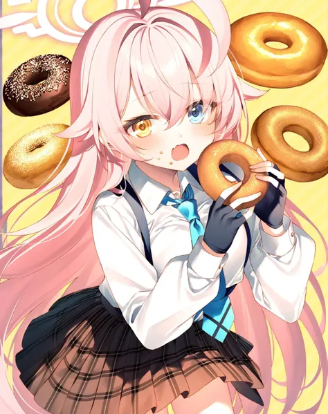 toosaka asagi,1girl,hoshino (blue archive),heterochromia,solo,food,gloves,pink hair,skirt,ahoge,fingerless gloves,long hair,necktie,shirt,halo,long sleeves,blue necktie,black gloves,white shirt,blue eyes,collared shirt,plaid,fang,open mouth,very long hair,plaid skirt,sparkle,yellow eyes,bread,puffy long sleeves,pleated skirt,bangs,food on face,looking at viewer,blush,hair between eyes,holding,brown skirt,puffy sleeves,holding food,orange eyes,skin fang,black skirt,doughnut,eating,