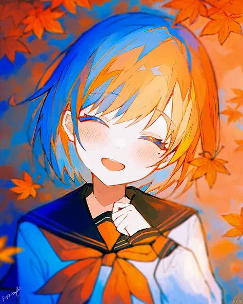 irodori warabi, 1girl, autumn, autumn leaves, black sailor collar, blonde hair, blue background, blue hair, blurry, blurry background, blurry foreground, blush, closed eyes, falling leaves, hand up, head tilt, leaf, long sleeves, looking at viewer, maple leaf, mole, mole under eye, multicolored hair, neckerchief, open mouth, orange hair, orange neckerchief, orange theme, sailor collar, shirt, signature, simple background, smile, solo, upper body, white shirt