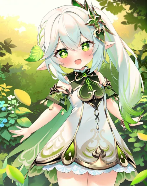 chen bin,1girl,nahida (genshin impact),solo,green eyes,pointy ears,side ponytail,symbol-shaped pupils,hair ornament,looking at viewer,white hair,bangs,smile,multicolored hair,long hair,blush,dress,gradient hair,hair between eyes,open mouth,braid,plant,mushroom,detached sleeves,green hair,white dress,:d,sidelocks,bare shoulders,outdoors,cross-shaped,
