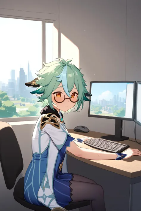 1girl, solo, sucrose \(genshin impact\), semi-rimless eyewear, work with computer, room, window, cityscape, sweat