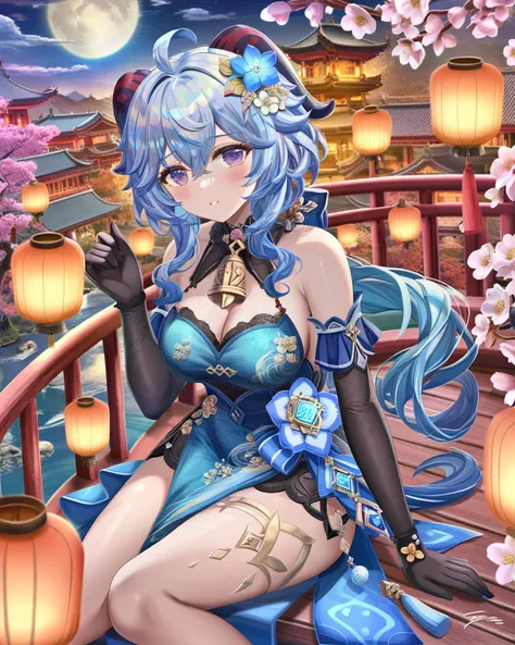 torino aqua,1girl,ganyu (genshin impact),gloves,breasts,blue hair,purple eyes,horns,dress,solo,hair ornament,hair flower,looking at viewer,ahoge,flower,bell,sitting,bare shoulders,blue dress,long hair,bangs,blush,black gloves,goat horns,tassel,lantern,elbow gloves,chinese clothes,medium breasts,moon,parted lips,thighs,night,vision (genshin impact),east asian architecture,architecture,flower knot,white flower,sidelocks,china dress,paper lantern,neck bell,detached sleeves,signature,sleeveless,alternate costume,cleavage,gold trim,large breasts,night sky,sky,chinese knot,thighlet,outdoors,hand up,hair between eyes,full moon,