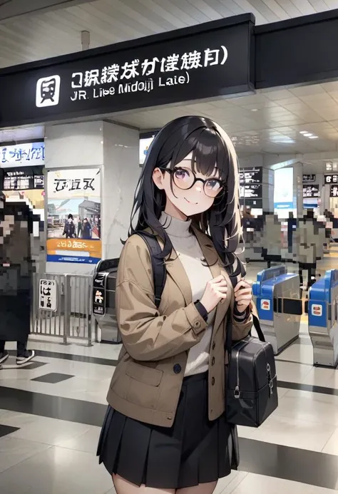 masterpiece, best quality, very aesthetic, absurdres,
1girl, solo, glasses, black hair, long hair, jacket, skirt, black bag, smile, looking at viewer, solo focus,
osakaeki, midosujiguchi, scenery, sign, real world location, indoors, tile floor
 <lora:osakaeki_midosujiguchi_SDXL_V1:1>