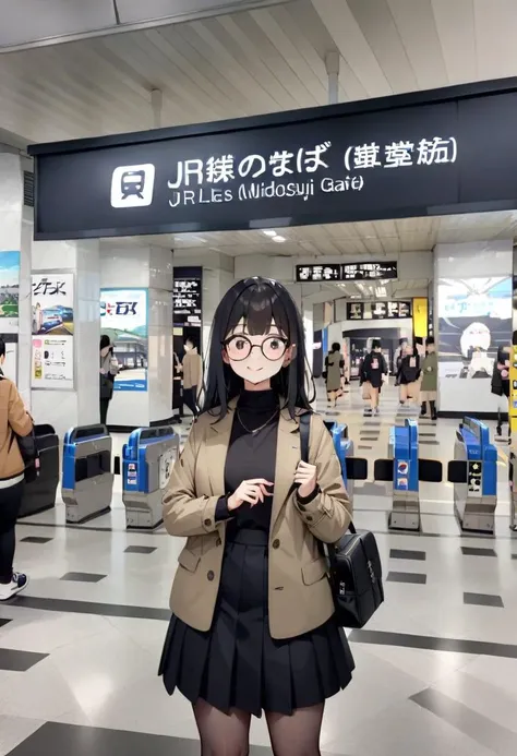 masterpiece, best quality, very aesthetic, absurdres,
1girl, solo, glasses, black hair, long hair, jacket, skirt, black bag, smile, looking at viewer, solo focus,
osakaeki, midosujiguchi, scenery, sign, real world location, indoors, tile floor
 <lora:osakaeki_midosujiguchi_SDXL_V1:1>