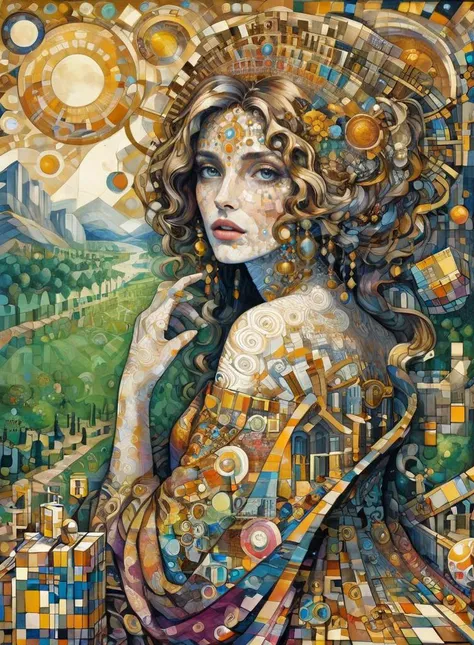 boxes all over, landscape, artwork landscape, boxes, geometric a beautiful woman painting <lora:Mixed_Media:1>