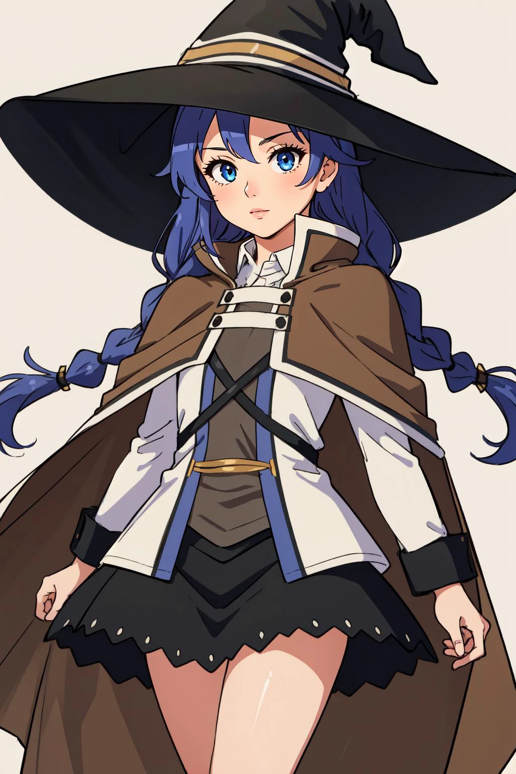 (masterpiece, best quality), intricate details,
1girl, <lora:roxy:0.8> roxy, long hair, twintails, cape, brown cape, brown capelet, black skirt, witch hat,