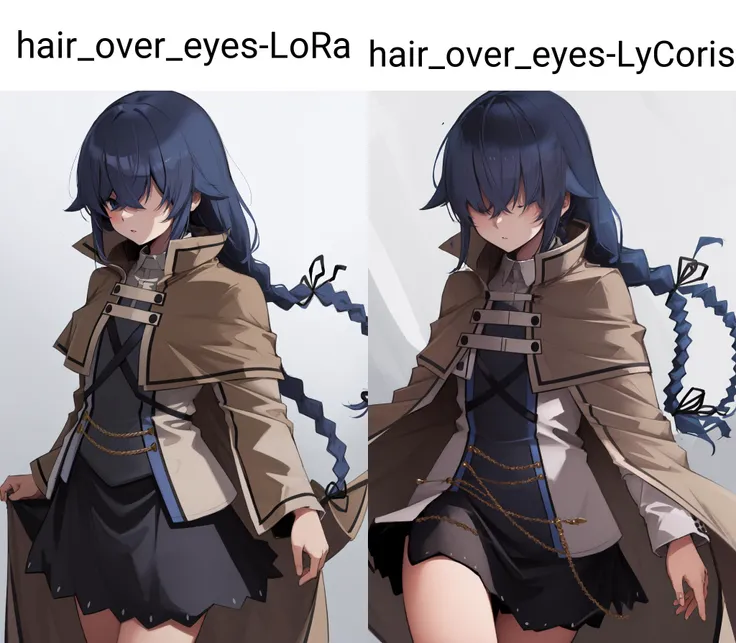 (masterpiece, best quality), intricate details,
1girl, <lora:roxy:0.8> 1girl,blue hair,very long hair,twin braid,hair ribbon,blue eyes,brown cape,long sleeves, black skirt,
<lora:hair_over_eyes-LoRa:0.8> hair over eyes, <lora:hair_over_eyes-LyCoris:0.8>