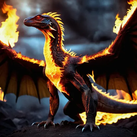 (half komodo dragon) half immolation phoenix,<lora:Phoenix:0.68>,terrifying glowing eyes,immolation wings,<lora:phoenix:0.68>,
