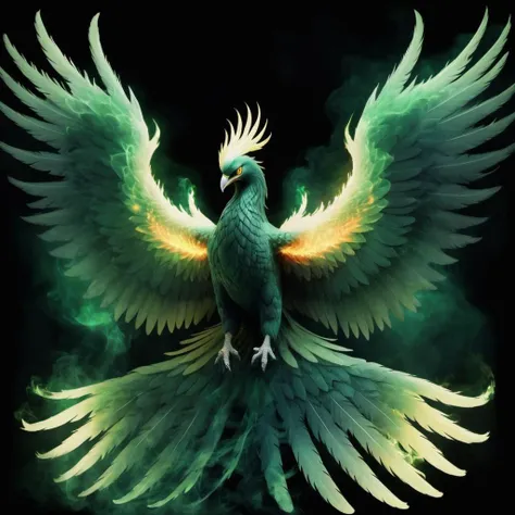 (half green) half etheral ethereal phoenix,<lora:Phoenix:0.68>,terrifying glowing eyes,etheral ethereal wings,<lora:phoenix:0.68>,