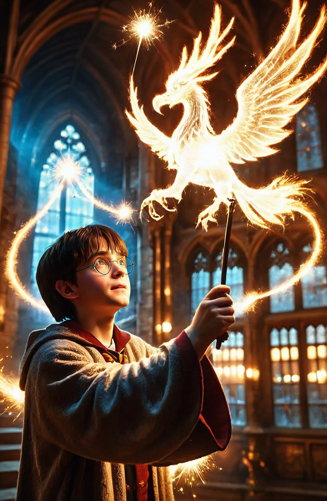amazing quality, masterpiece, best quality, hyper detailed, ultra detailed, UHD, DOF, depth of field, HDR, perfect anatomy,
(Harry potter:1.3) using wand, wearing wizard robe, in castle, Hogwarts, chandelier, waving wand, a phoenix near wand, magic, wide-angle lens, sparking,
<lora:cfc-spark-dragon-000006:0.65>,
<lora:add-detail-xl:0.75>,
<lora:extremely_detailed:0.75>, extremely detailed,
<lora:EnvyBetterHiresFixXL01:0.75>,
<lora:DonM3t3rn1tyXL-v1.1-000008:0.6>, DonM3t3rn1tyXL,
<lora:phoenix:0.5>,
SK_Fantasy,