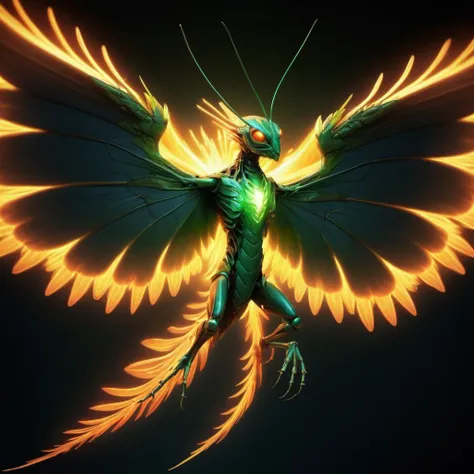 (half grasshopper) half etheral ethereal phoenix,<lora:Phoenix:0.68>,terrifying glowing eyes,etheral ethereal wings,